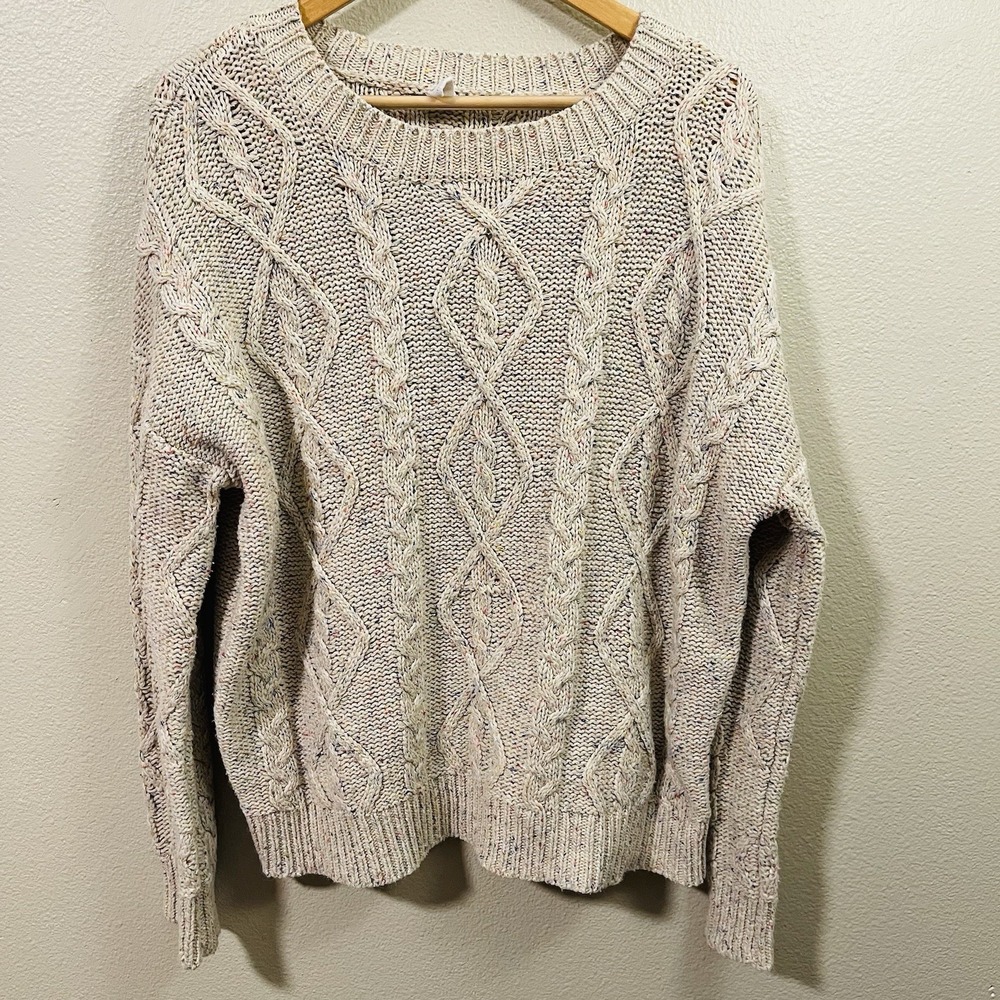 Cy Cable Knit Sweater Beige Colorful Spackles Fisherman Granola Cottagecore Sz L